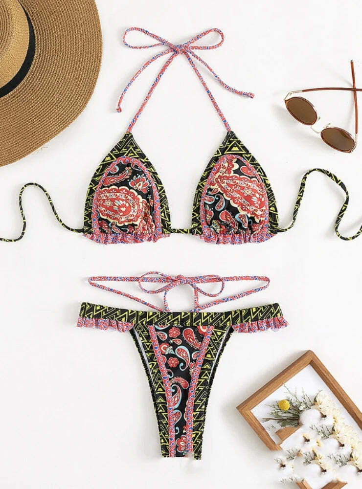 Yellow Strap Bikini: Y2K Fashion Halter Swimsuit - Coquette Aesthetic, Grunge Style, Cute Tops