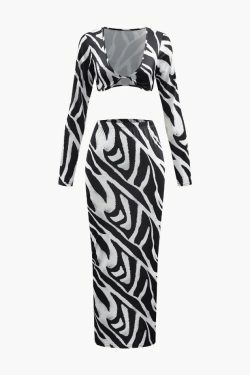 Zebra-Print Coquette Aesthetic Crop Top & Cargo Skirt Set