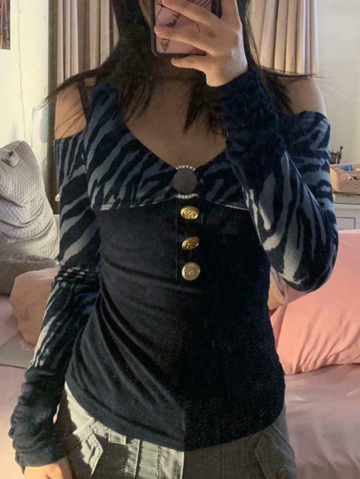 Zebra Print Cold Shoulder Cutout Tee - Y2K Aesthetic with Coquette & Grunge Vibes