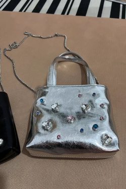2024 Silver Leather Gemstone Underarm Bag with Diamond Embellishments & Rhinestone Phone Chain - Small Tote Shoulder Bag