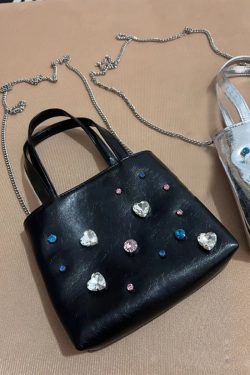 2024 Silver Leather Gemstone Underarm Bag with Diamond Embellishments & Rhinestone Phone Chain - Small Tote Shoulder Bag