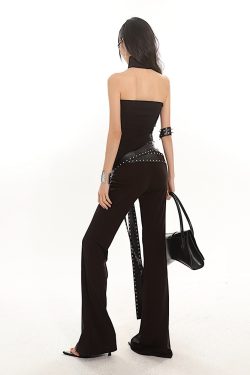 2024 Summer Heavyweight Spicy Girl Studded Waist Elastic Flare Casual Pants - Black Long Pants for Trendy Y2K Style