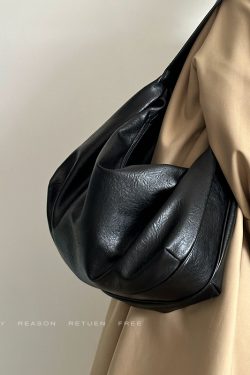 2024 Vintage Soft Leather Black Dumpling Bag for Women - Large Capacity Casual Shoulder Crossbody Tote