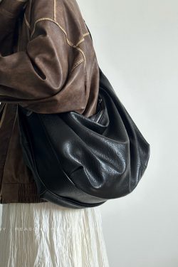 2024 Vintage Soft Leather Black Dumpling Bag for Women - Large Capacity Casual Shoulder Crossbody Tote