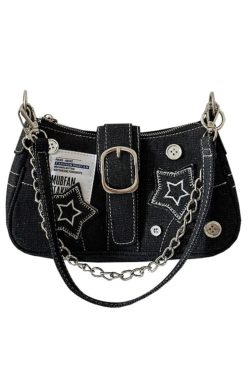 2024 Women's Vintage Denim Shoulder Bag with Chain, Button Detail, Crossbody Design - Trendy Underarm Handbag