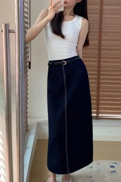 2025 Cowboy Split Long Skirt for Women, Elegant High Waist Plus Size Commuter Skirt, Straight Half Design, Wrinkle-Resistant with Belt