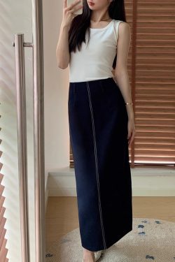 2025 Cowboy Split Long Skirt for Women, Elegant High Waist Plus Size Commuter Skirt, Straight Half Design, Wrinkle-Resistant with Belt