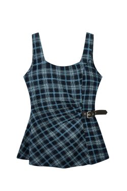 2025 Cowboy Style Dark Blue Denim Plaid Sleeveless Top with Belted Waist for a Slimming Fit