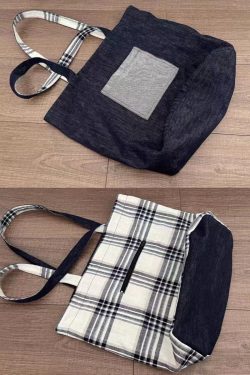 2025 Denim Plaid Spliced Tote Shoulder Bag, Large Capacity Versatile Commute Handbag for Everyday Use