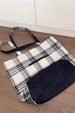 2025 Denim Plaid Spliced Tote Shoulder Bag, Large Capacity Versatile Commute Handbag for Everyday Use