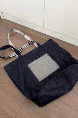 2025 Denim Plaid Spliced Tote Shoulder Bag, Large Capacity Versatile Commute Handbag for Everyday Use