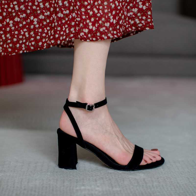2025 New Style Genuine Leather Black One-Strap Thick-Heeled Sandals for Women - Fairy Mid-Heel Summer Footwear in Large Sizes 2025 New Style Genuine Leather Black One-Strap Thick-Heeled Sandals for Women - Fairy Mid-Heel Summer Footwear in Large Sizes