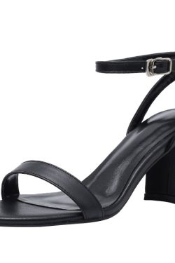 2025 New Style Genuine Leather Black One-Strap Thick-Heeled Sandals for Women - Fairy Mid-Heel Summer Footwear in Large Sizes