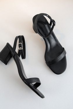 2025 New Style Genuine Leather Black One-Strap Thick-Heeled Sandals for Women - Fairy Mid-Heel Summer Footwear in Large Sizes