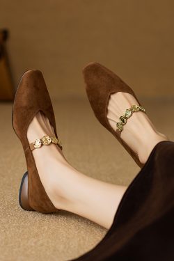 2025 New Women's Genuine Leather Square Toe Mary Jane Flats with Coin Chain - Comfortable Low Heel Versatile Shoes