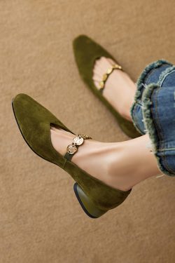 2025 New Women's Genuine Leather Square Toe Mary Jane Flats with Coin Chain - Comfortable Low Heel Versatile Shoes