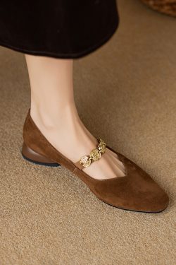 2025 New Women's Genuine Leather Square Toe Mary Jane Flats with Coin Chain - Comfortable Low Heel Versatile Shoes