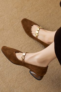 2025 New Women's Genuine Leather Square Toe Mary Jane Flats with Coin Chain - Comfortable Low Heel Versatile Shoes