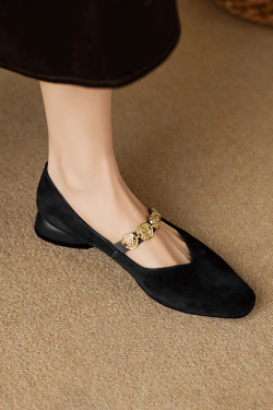 2025 New Women's Genuine Leather Square Toe Mary Jane Flats with Coin Chain - Comfortable Low Heel Versatile Shoes