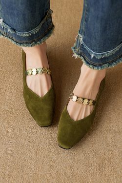 2025 New Women's Genuine Leather Square Toe Mary Jane Flats with Coin Chain - Comfortable Low Heel Versatile Shoes