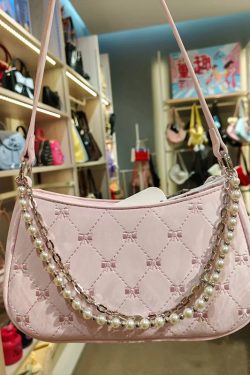 2025 Pink Butterfly Baguette Bag for Women - Pearl Metal Chain, Diamond Pattern, Casual Underarm & Crossbody Style
