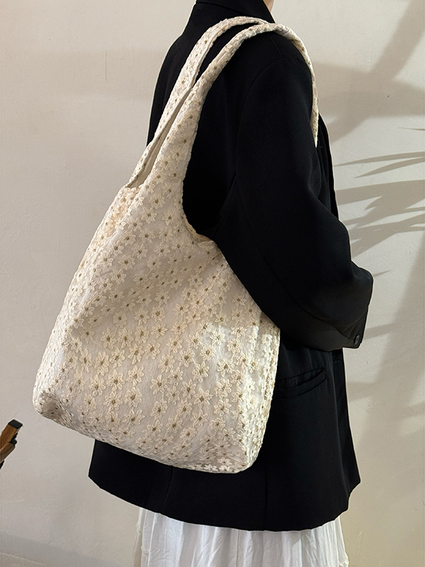 2025 Small Daisy Lace Canvas Shoulder Bag for Women, Large Capacity Niche Commuter Tote, Trendy Everyday Style 2025 Small Daisy Lace Canvas Shoulder Bag for Women, Large Capacity Niche Commuter Tote, Trendy Everyday Style
