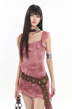 2025 Spring Ruffle Strap Dress for Women - Printed Hot Girl Style, Trendy Vietnam Design, Perfect for Y2K and Niche Fashion