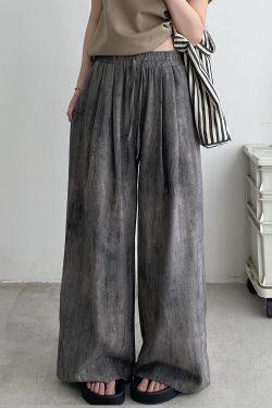 2025 Spring Summer Women's Wide-Leg Pants - Loose Fit, Thin, Slightly Wrinkled, Casual Smoke Color Grapefruit Design
