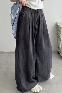 2025 Spring Summer Women's Wide-Leg Pants - Loose Fit, Thin, Slightly Wrinkled, Casual Smoke Color Grapefruit Design