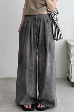 2025 Spring Summer Women's Wide-Leg Pants - Loose Fit, Thin, Slightly Wrinkled, Casual Smoke Color Grapefruit Design