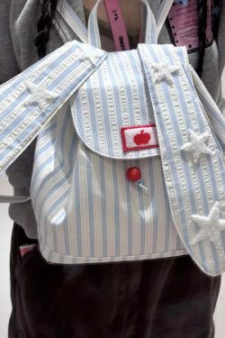 2025 Striped Rabbit Ear Backpack for Women, Large Capacity Commuter Tote Bag, Stylish Student School Bag