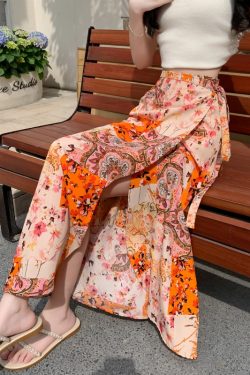 2025 Summer A-Line Floral Beach Skirt for Curvy Hips & Thighs - Irregular Long Design, Perfect for Boho and Y2K Styles