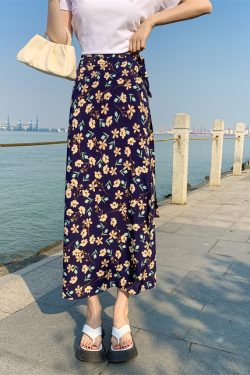 2025 Summer A-Line Floral Beach Skirt for Curvy Hips & Thighs - Irregular Long Design, Perfect for Boho and Y2K Styles