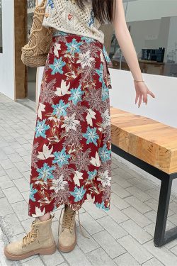 2025 Summer A-Line Floral Beach Skirt for Curvy Hips & Thighs - Irregular Long Design, Perfect for Boho and Y2K Styles