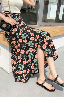 2025 Summer A-Line Floral Beach Skirt for Curvy Hips & Thighs - Irregular Long Design, Perfect for Boho and Y2K Styles