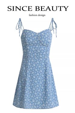 2025 Summer Blue Floral Dress for Petite Women - French-Style Vacation Short Dress