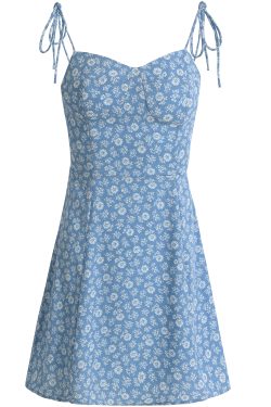 2025 Summer Blue Floral Dress for Petite Women - French-Style Vacation Short Dress