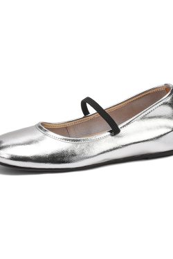 2025 Summer Genuine Leather Flat Hidden Height Mary Jane Shoes for Women in Silver - Stylish Shallow Mouth Size 41