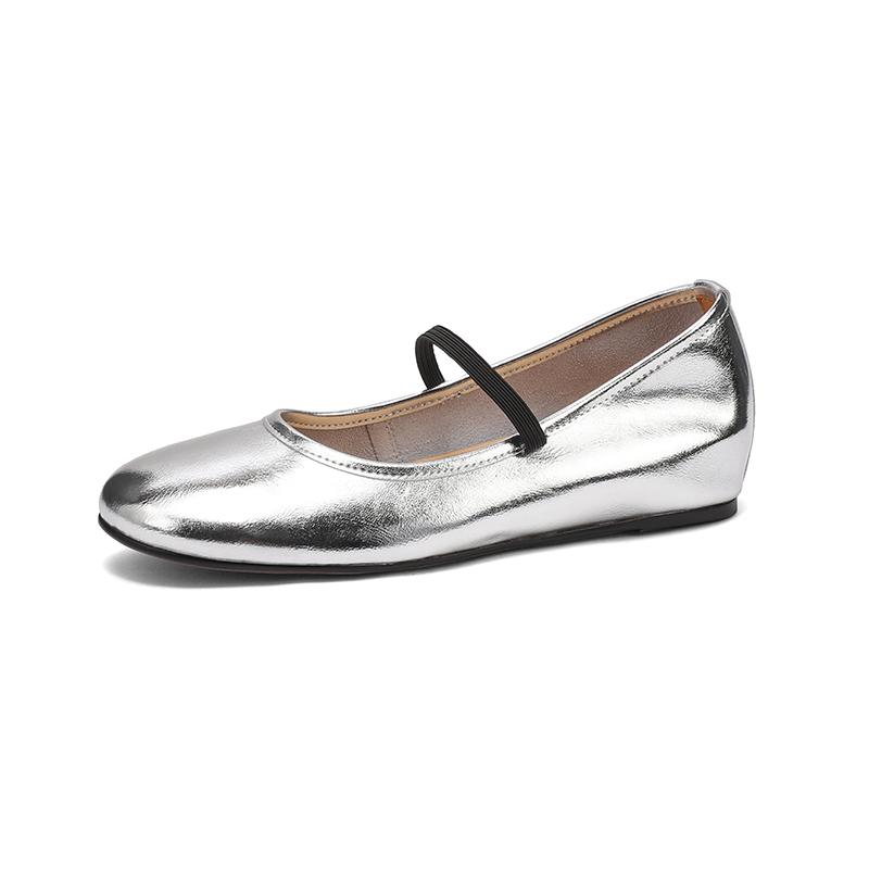 2025 Summer Genuine Leather Flat Hidden Height Mary Jane Shoes for Women in Silver - Stylish Shallow Mouth Size 41 2025 Summer Genuine Leather Flat Hidden Height Mary Jane Shoes for Women in Silver - Stylish Shallow Mouth Size 41