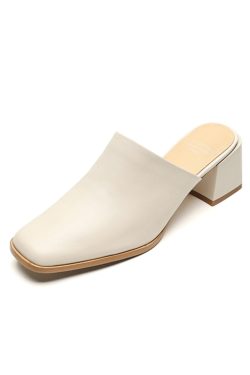 2025 Summer High Heel Chunky Slippers for Women - Square Toe Slip-On Half Slippers in Top Layer Cowhide for Outdoor Style