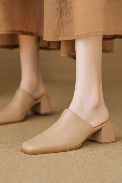 2025 Summer High Heel Chunky Slippers for Women - Square Toe Slip-On Half Slippers in Top Layer Cowhide for Outdoor Style