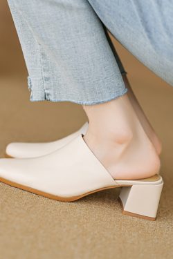 2025 Summer High Heel Chunky Slippers for Women - Square Toe Slip-On Half Slippers in Top Layer Cowhide for Outdoor Style