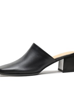 2025 Summer High Heel Chunky Slippers for Women - Square Toe Slip-On Half Slippers in Top Layer Cowhide for Outdoor Style