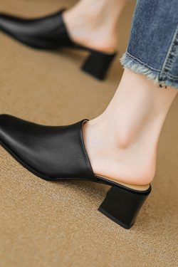 2025 Summer High Heel Chunky Slippers for Women - Square Toe Slip-On Half Slippers in Top Layer Cowhide for Outdoor Style