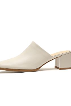 2025 Summer High Heel Chunky Slippers for Women - Square Toe Slip-On Half Slippers in Top Layer Cowhide for Outdoor Style