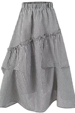 2025 Summer Ruffled Spliced Plaid Mid-Length Skirt with Elastic Waist for Women - Trendy Casual Fashion
