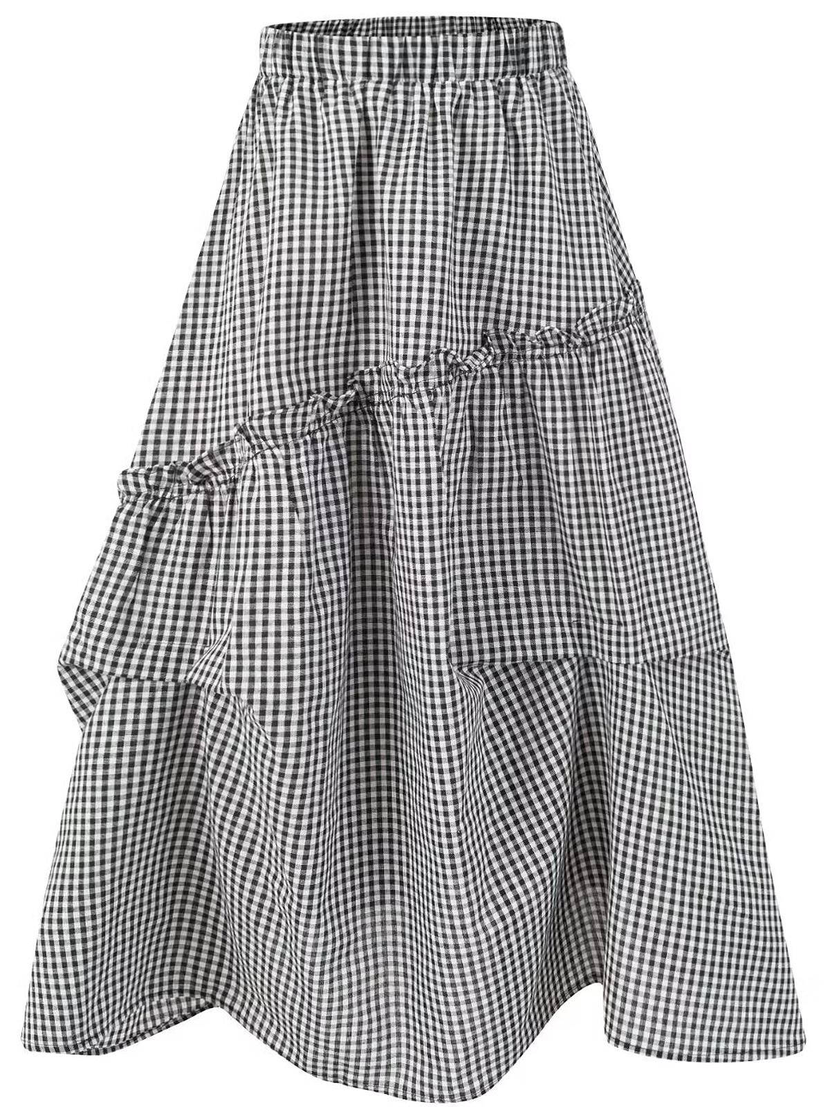 2025 Summer Ruffled Spliced Plaid Mid-Length Skirt with Elastic Waist for Women - Trendy Casual Fashion 2025 Summer Ruffled Spliced Plaid Mid-Length Skirt with Elastic Waist for Women - Trendy Casual Fashion