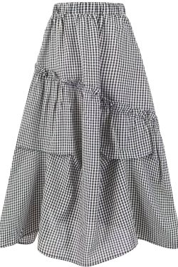 2025 Summer Ruffled Spliced Plaid Mid-Length Skirt with Elastic Waist for Women - Trendy Casual Fashion