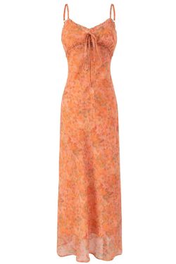 2025 Summer Women's Floral Spaghetti Strap Dress - French Style Vacation Long Orange Dress for Effortless Elegance