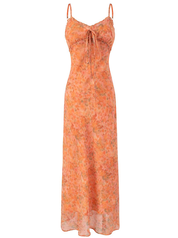 2025 Summer Women's Floral Spaghetti Strap Dress - French Style Vacation Long Orange Dress for Effortless Elegance 2025 Summer Women's Floral Spaghetti Strap Dress - French Style Vacation Long Orange Dress for Effortless Elegance